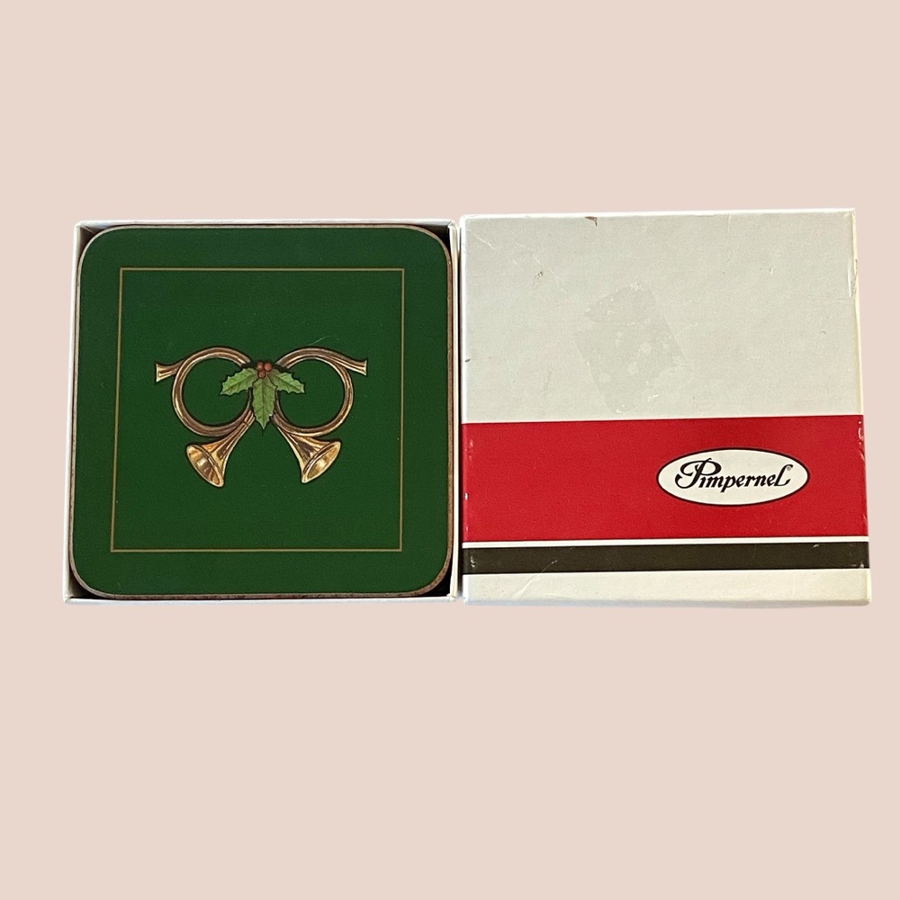 Vintage Pimpernel Green Coasters w/ Gold Horn Design Set of 6 in Box Christmas